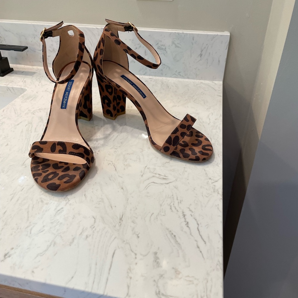 Stuart Weitzman cheetah suede block heel sandals